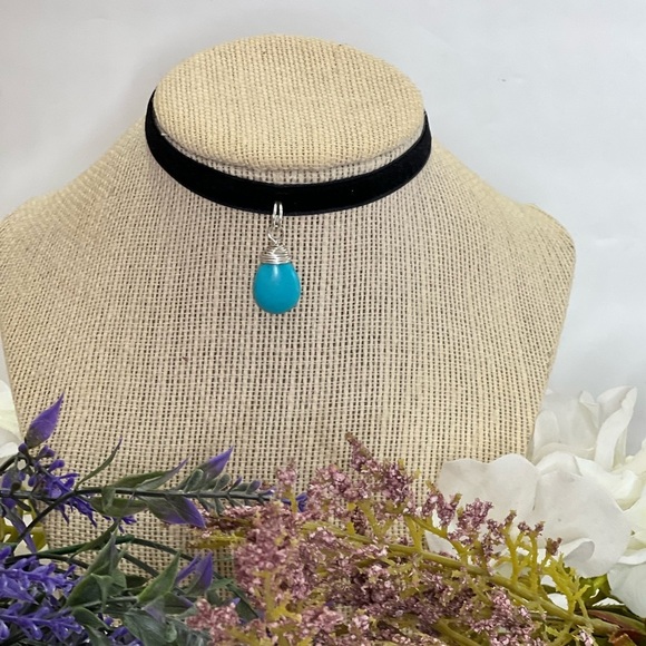Choker necklace black velvet blue turquoise color necklace drop necklace tear - Picture 2 of 12